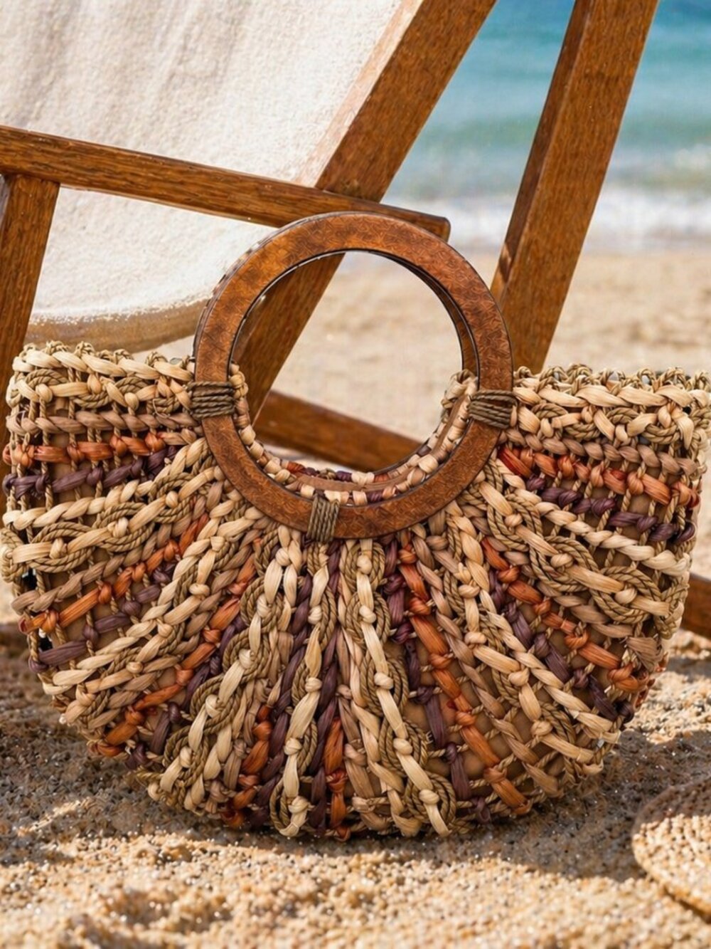 Woven Straw Boho Handbag Wooden Ring Handle Beach Tote Purse Resort Style
